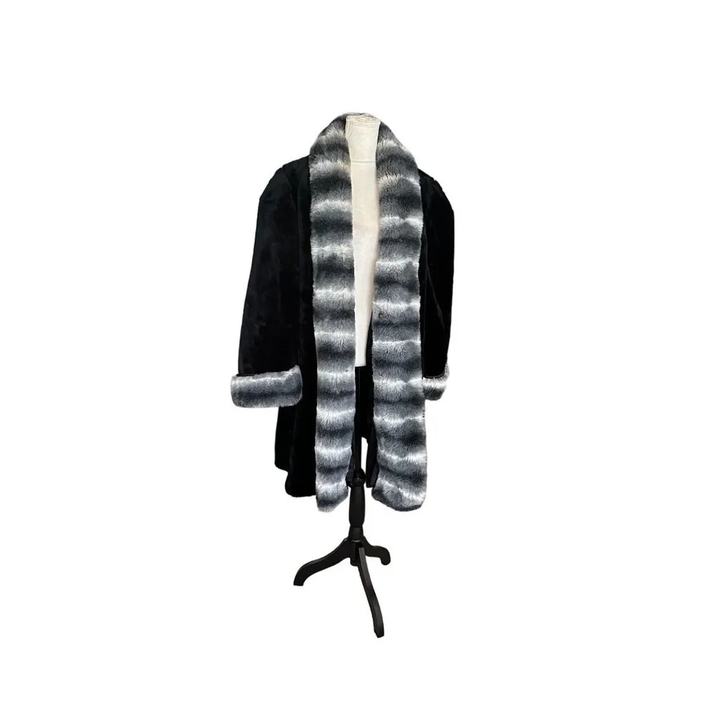 Scandinavian Faux Fur Coat Oversized Grey Striped Fox Mob wife Trim Sz 1X 90s - Picture 9 of 14